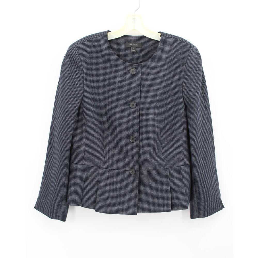 Ann Taylor Houndstooth Blazer Jacket 14 Dark Blue Pleated Peplum Career Office